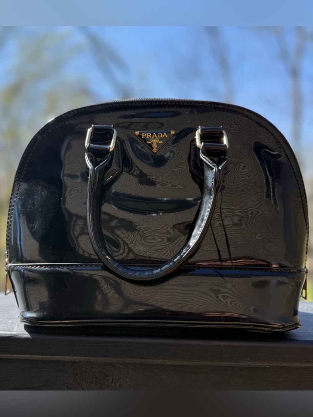 Prada Black Patent Leather Dome Satchel with Gold Logo